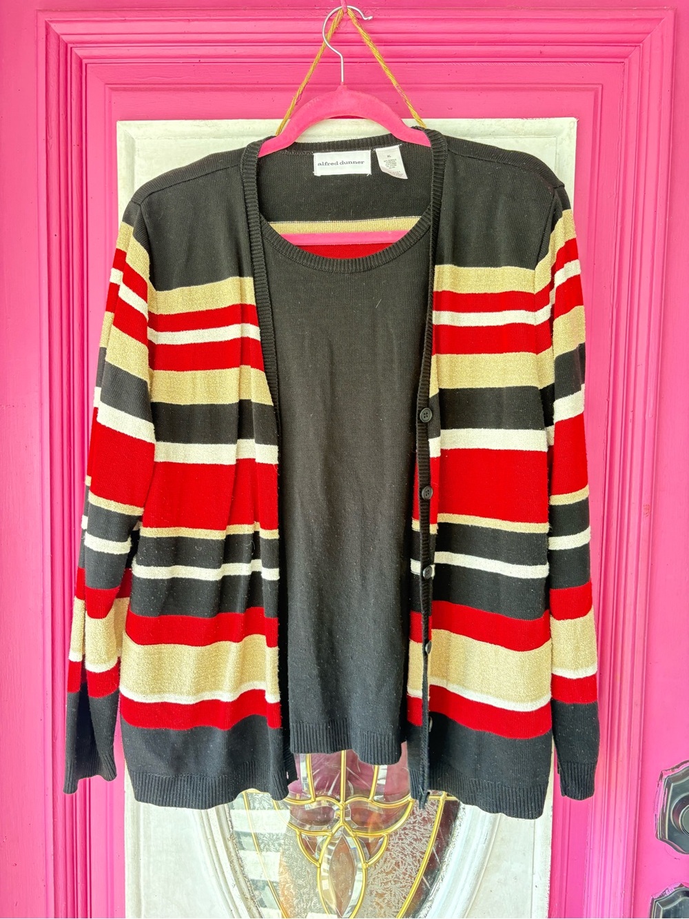 Alfred Dunner Black Red Cream Striped Open-Front Cardigan with Shell